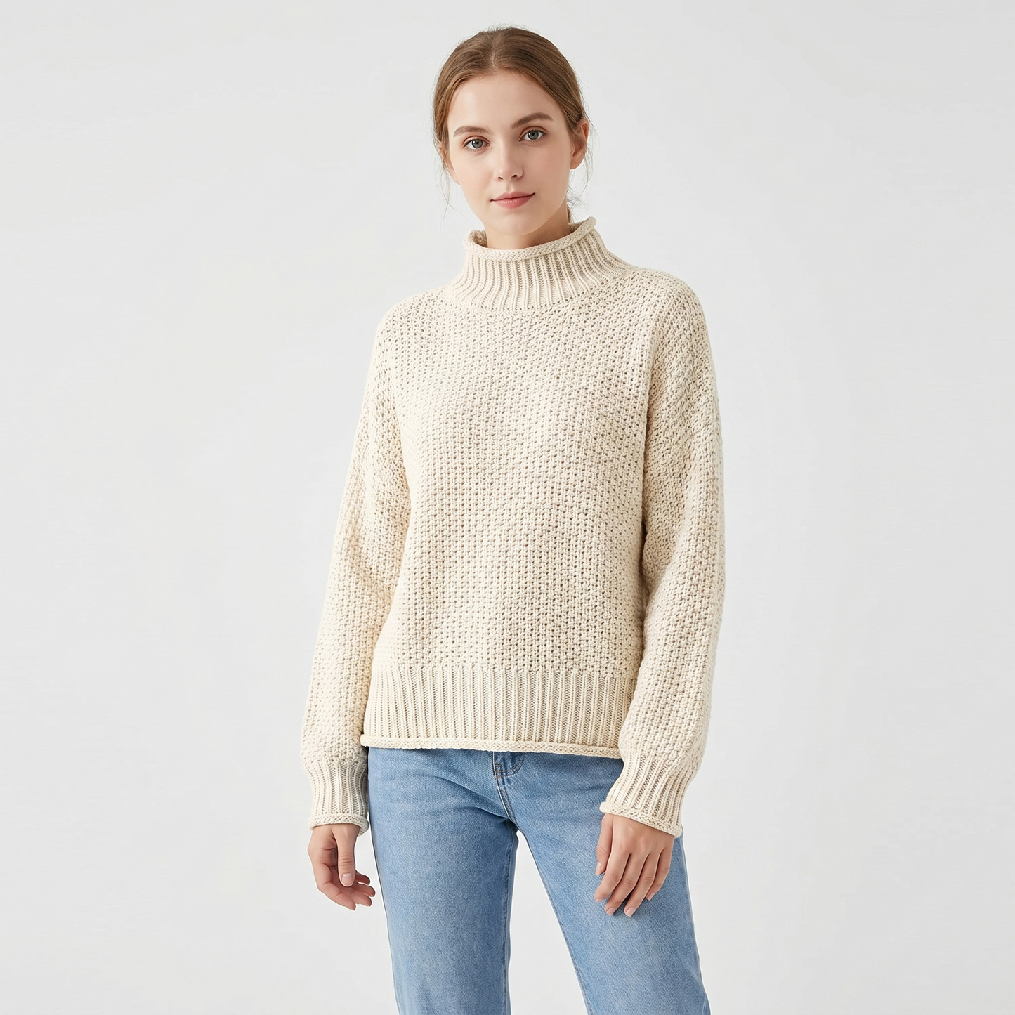 Women's Chunky Knit Mock Neck Sweater Oversized Waffle Stitch Pullover Sweater