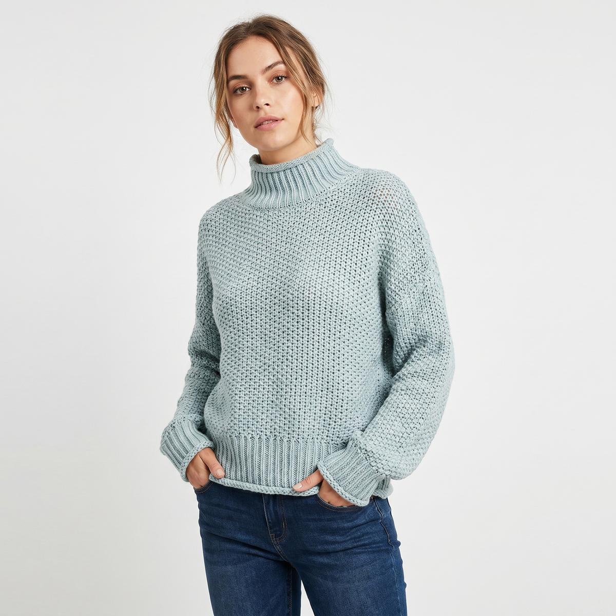 Women's Chunky Knit Mock Neck Sweater Oversized Waffle Stitch Pullover Sweater