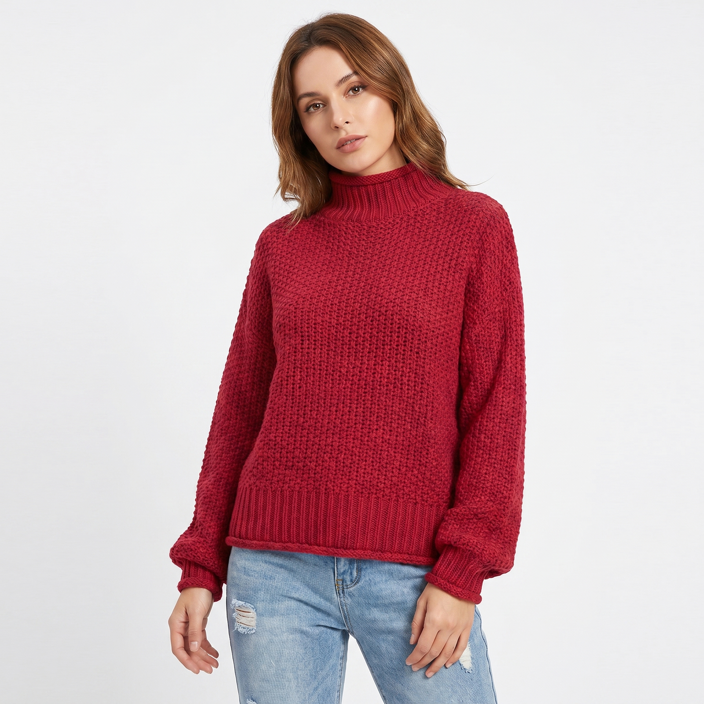 Women's Chunky Knit Mock Neck Sweater Oversized Waffle Stitch Pullover Sweater