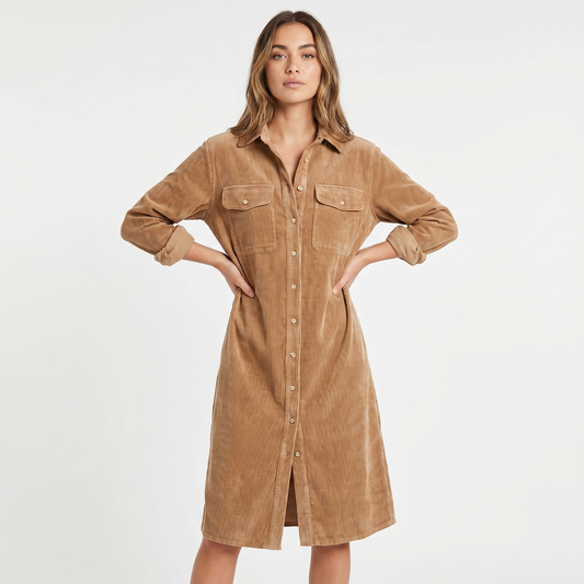 Women's Corduroy Shirt Dress Midi Length Button Front Long Sleeve Casual Dress