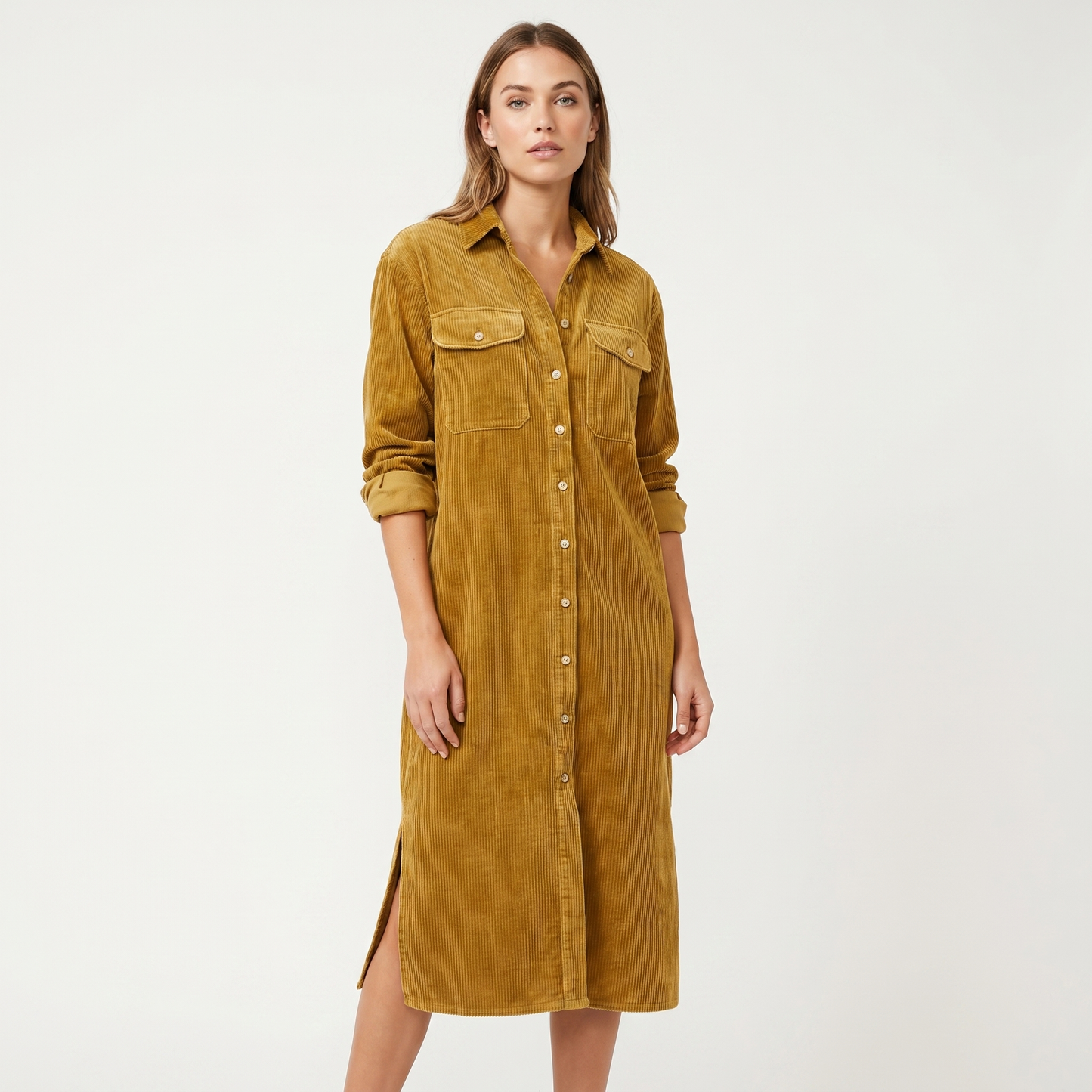 Women's Corduroy Shirt Dress Midi Length Button Front Long Sleeve Casual Dress