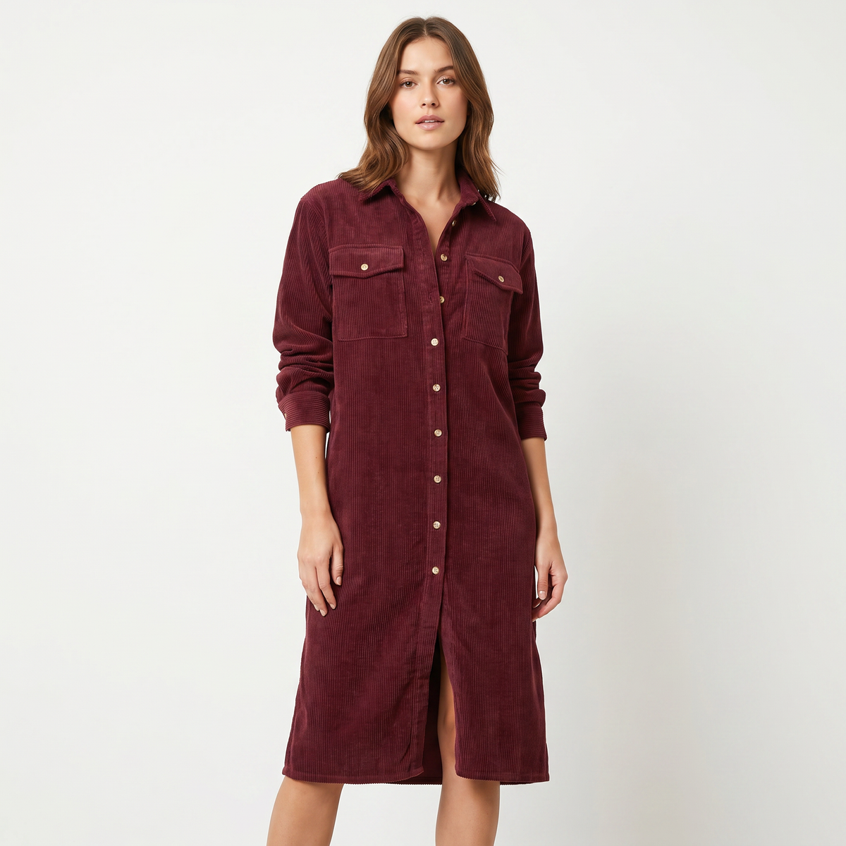 Women's Corduroy Shirt Dress Midi Length Button Front Long Sleeve Casual Dress