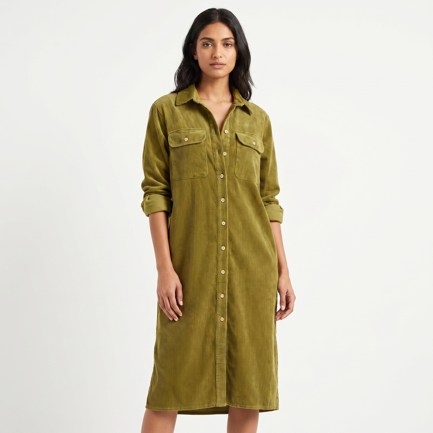 Women's Corduroy Shirt Dress Midi Length Button Front Long Sleeve Casual Dress