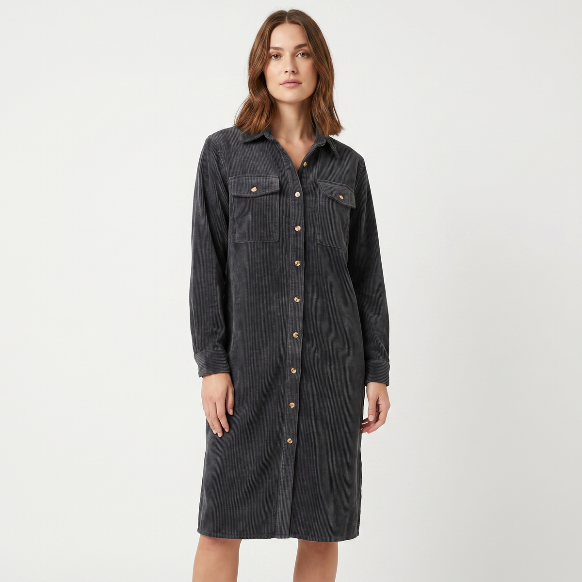 Women's Corduroy Shirt Dress Midi Length Button Front Long Sleeve Casual Dress