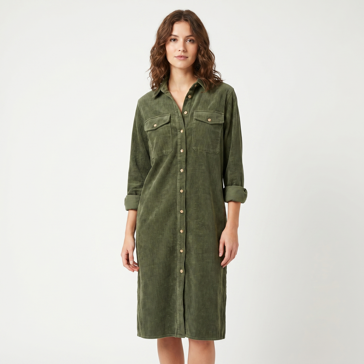 Women's Corduroy Shirt Dress Midi Length Button Front Long Sleeve Casual Dress