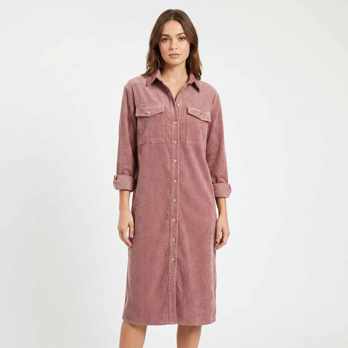 Women's Corduroy Shirt Dress Midi Length Button Front Long Sleeve Casual Dress