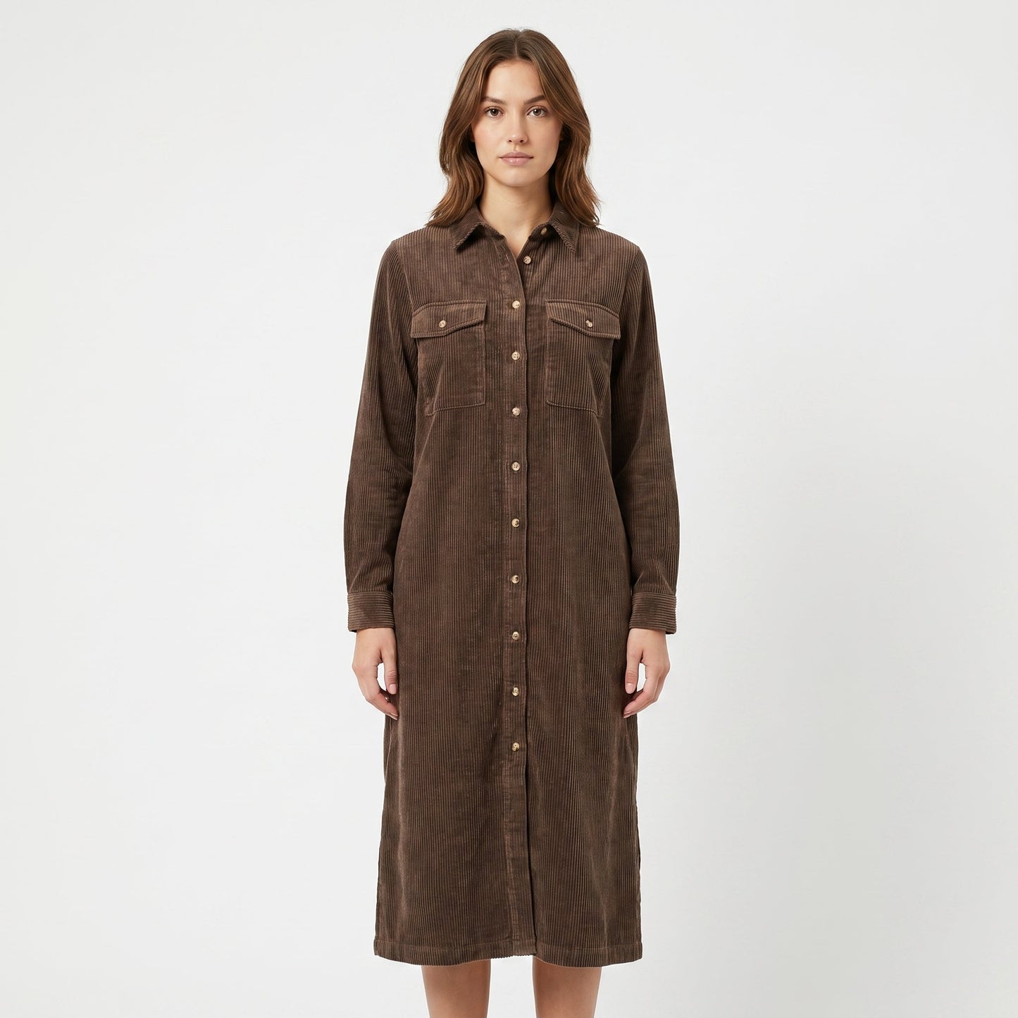 Women's Corduroy Shirt Dress Midi Length Button Front Long Sleeve Casual Dress