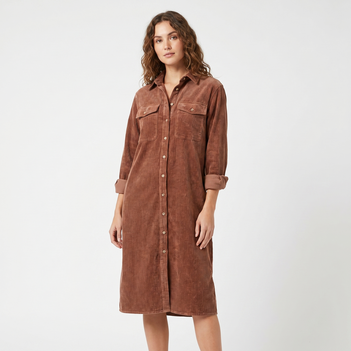 Women's Corduroy Shirt Dress Midi Length Button Front Long Sleeve Casual Dress