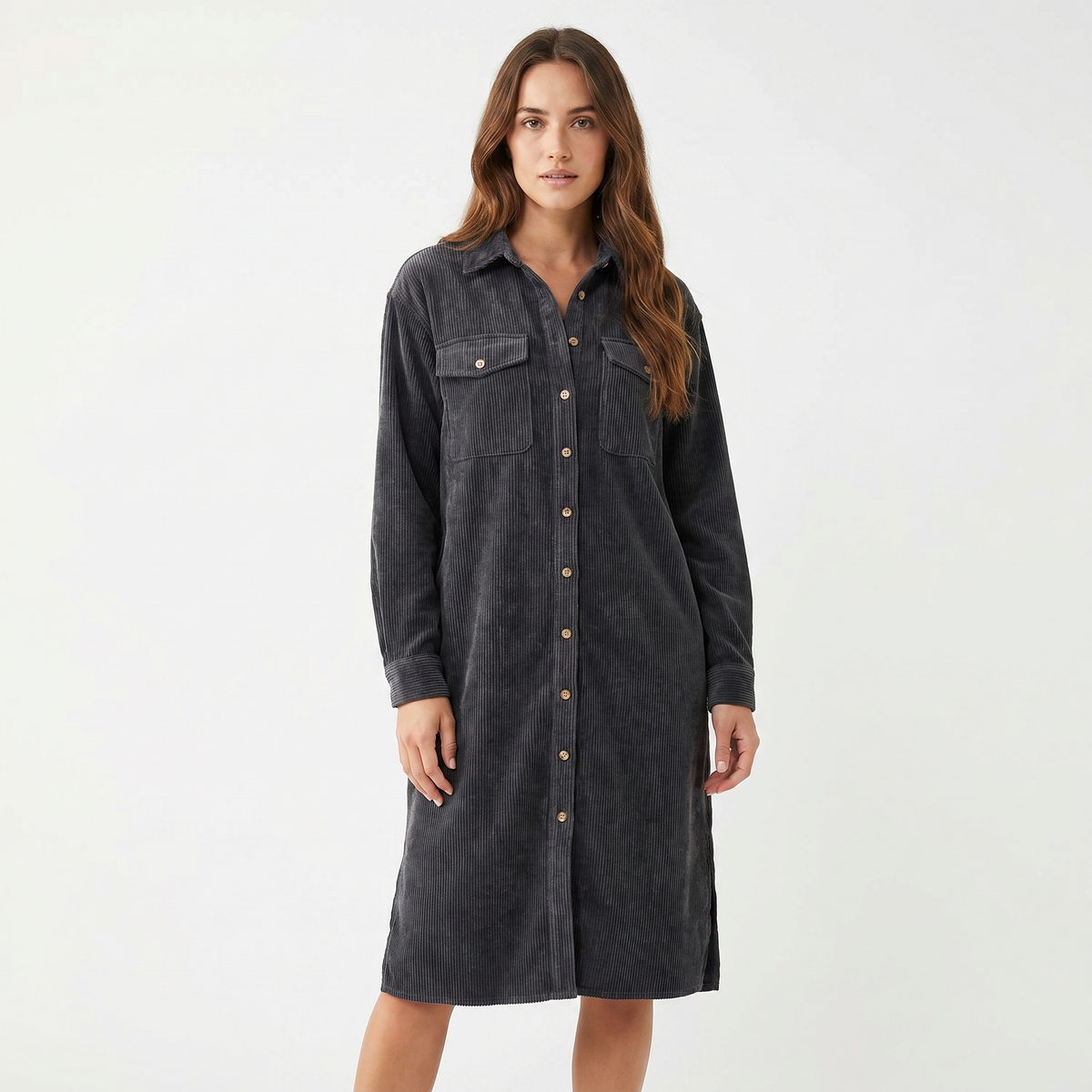 Women's Corduroy Shirt Dress Midi Length Button Front Long Sleeve Casual Dress