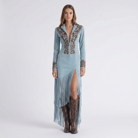 Women's Suede Fringe Western Dress Embroidered Zip Front Fitted Maxi Cowgirl