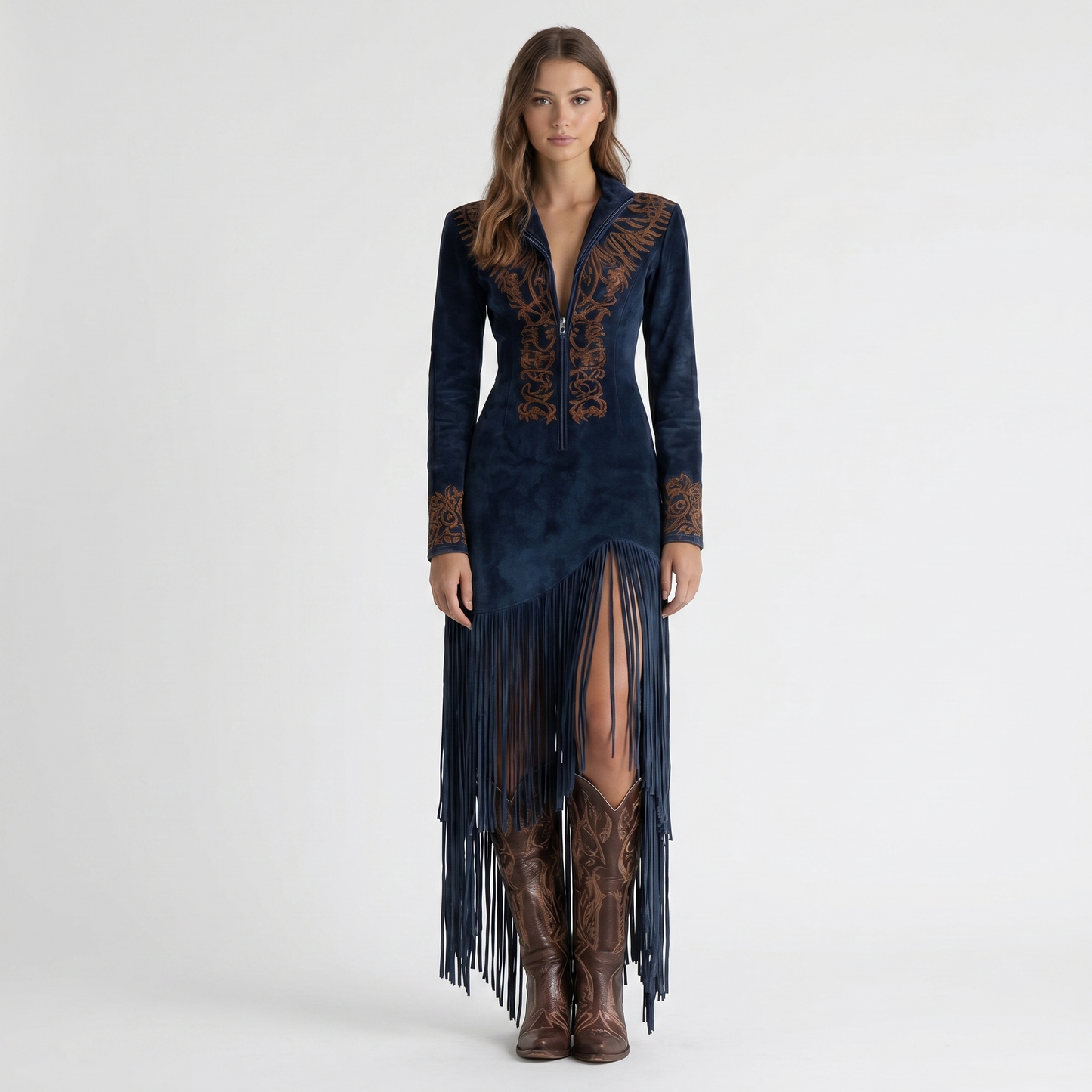 Women's Suede Fringe Western Dress Embroidered Zip Front Fitted Maxi Cowgirl
