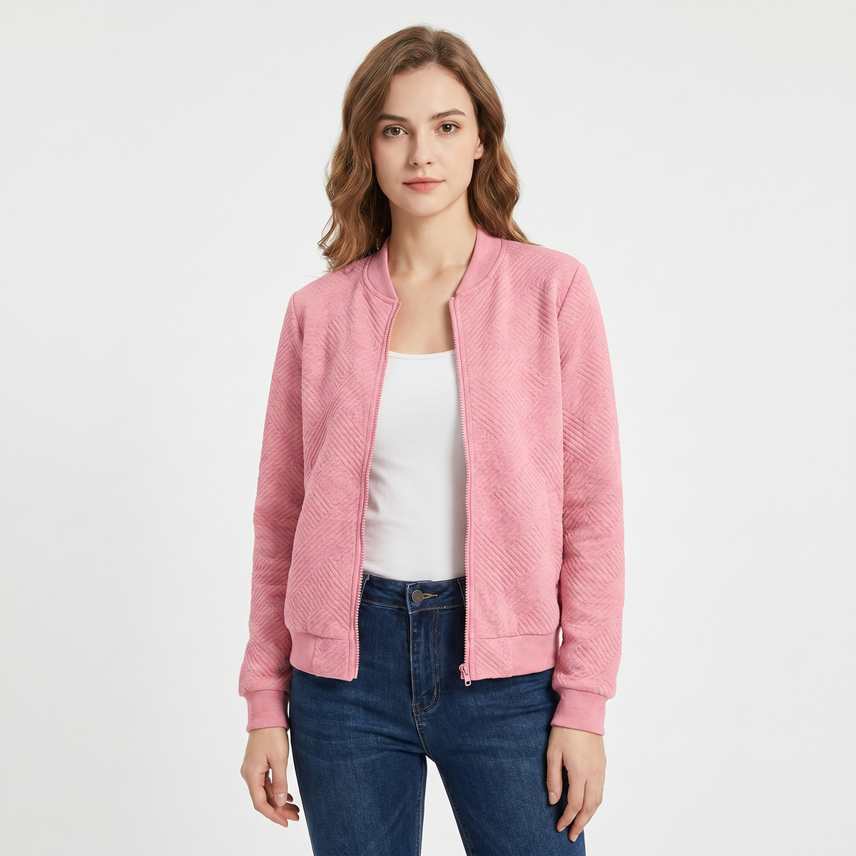 Women's Quilted Bomber Jacket Suede Effect Diamond Quilt Zip Up Casual Coat