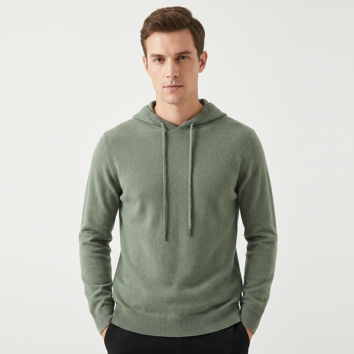 Men's Cashmere Blend Knit Hoodie Pullover Drawstring Fine Knit Luxury Sweater