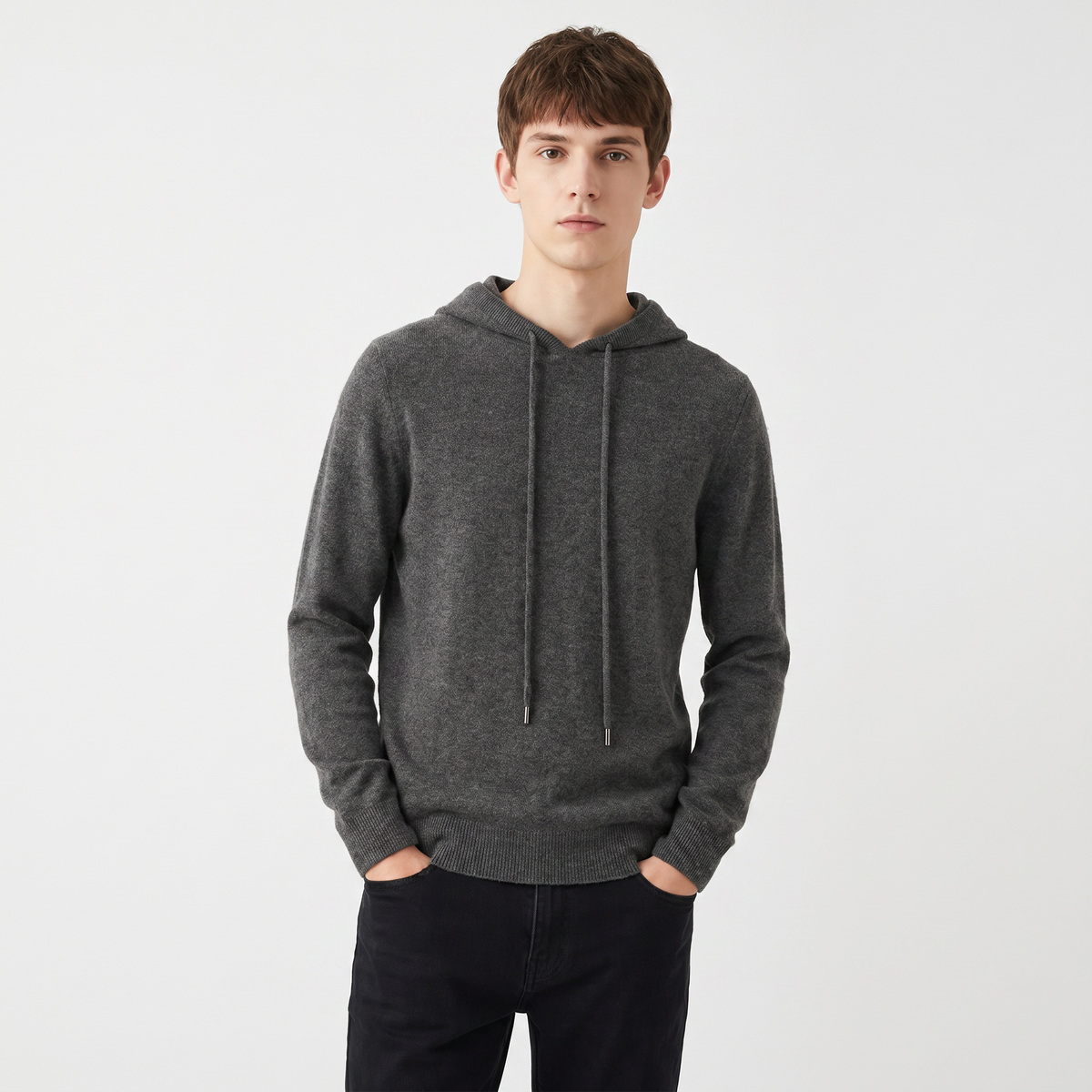 Men's Cashmere Blend Knit Hoodie Pullover Drawstring Fine Knit Luxury Sweater