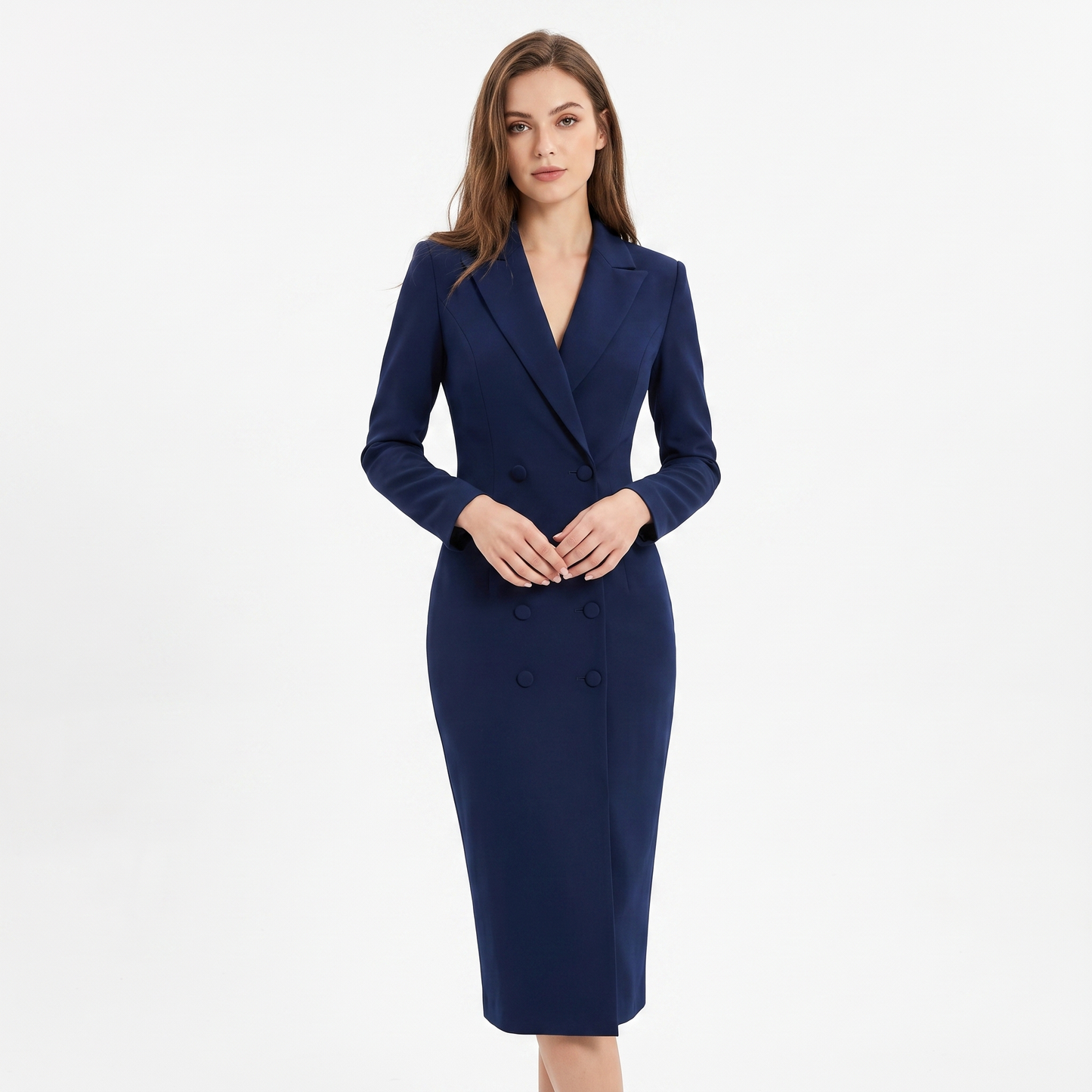 Women's Double Breasted Blazer Dress Long Sleeve Tailored Pencil Midi Dress