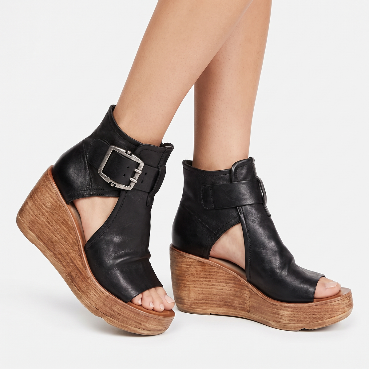 Women's Wedge Sandal Boots Open Toe Double Buckle Ankle Leather Platform