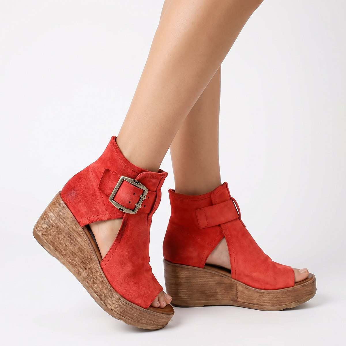 Women's Wedge Sandal Boots Open Toe Double Buckle Ankle Leather Platform