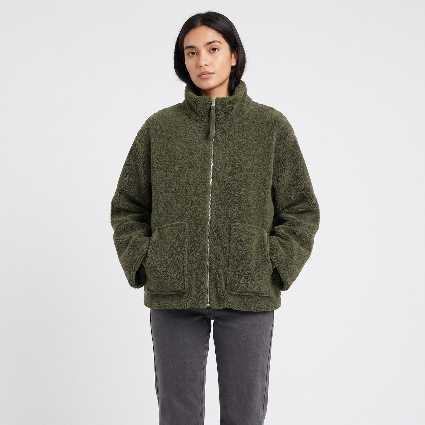 Women's Sherpa Fleece Zip Up Jacket Stand Collar Oversized Warm Winter Coat