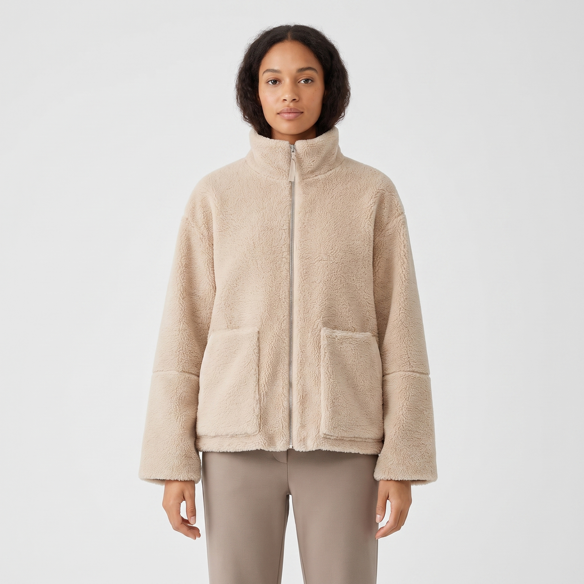 Women's Sherpa Fleece Zip Up Jacket Stand Collar Oversized Warm Winter Coat