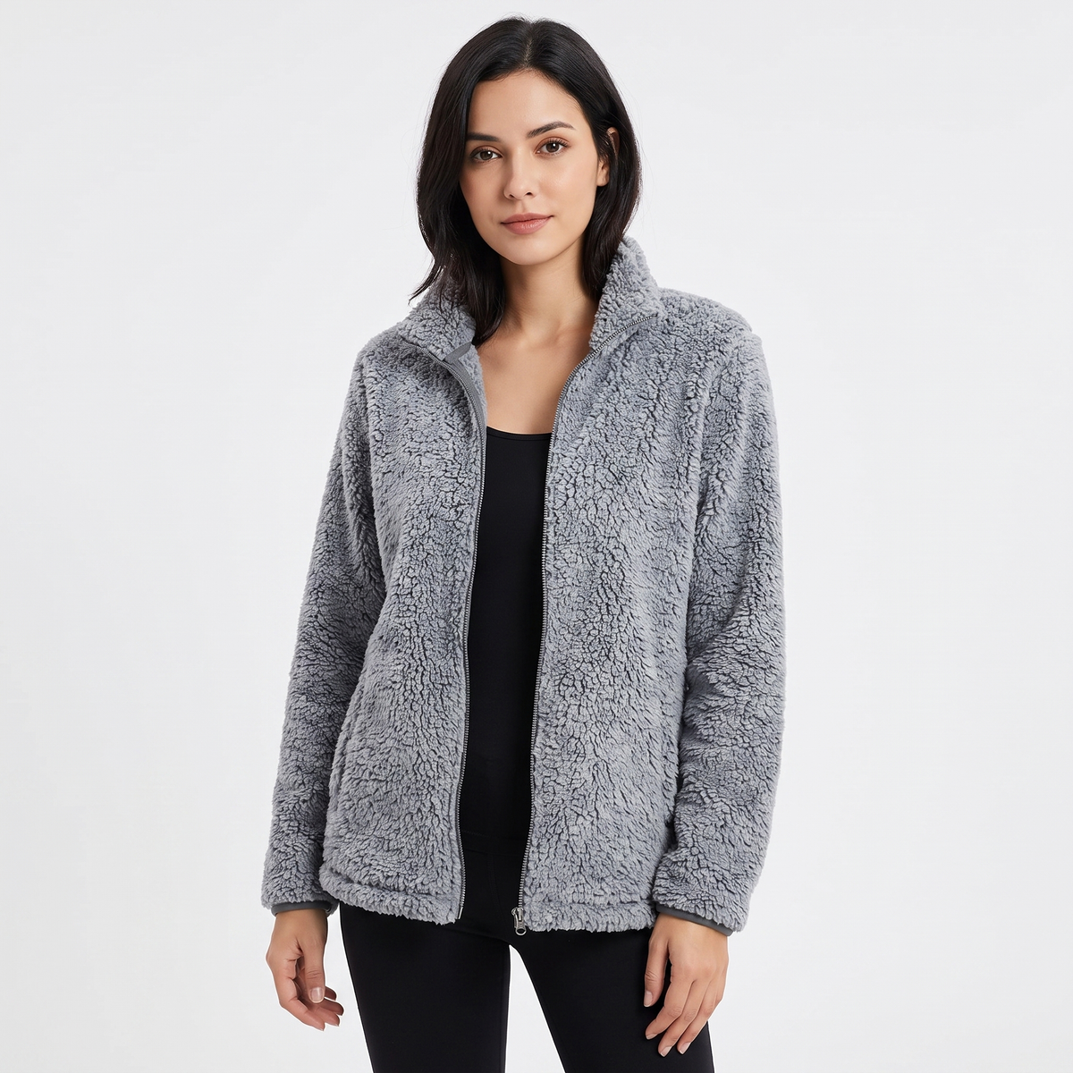 Women's Teddy Fleece Zip Up Jacket Stand Collar Fluffy Sherpa Casual Winter Coat