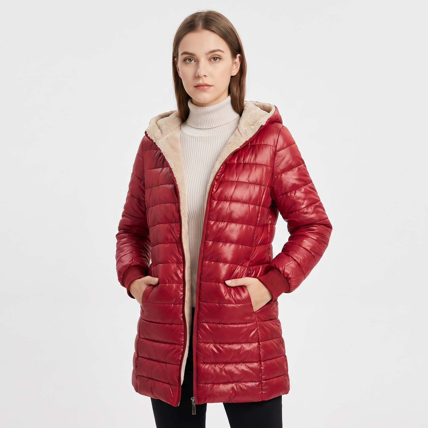Women's Glossy Quilted Puffer Coat Sherpa Lined Hood Long Padded Winter Jacket
