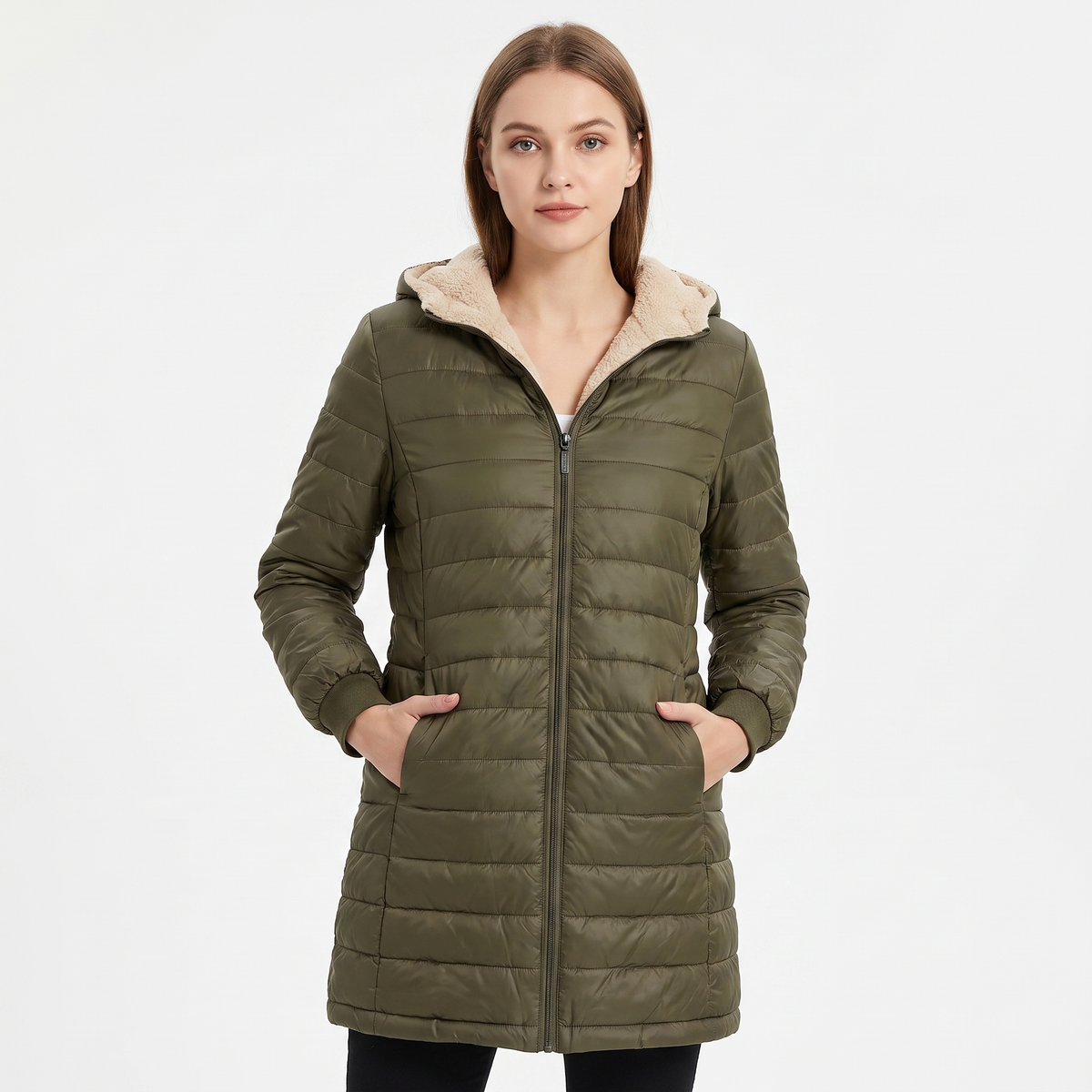 Women's Glossy Quilted Puffer Coat Sherpa Lined Hood Long Padded Winter Jacket