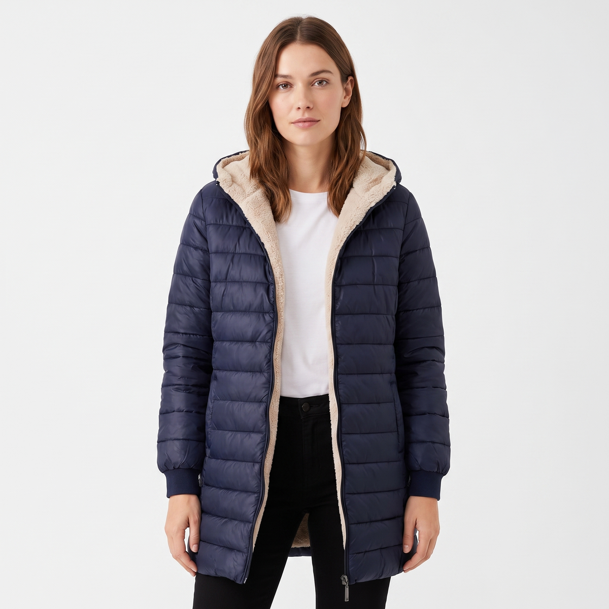Women's Glossy Quilted Puffer Coat Sherpa Lined Hood Long Padded Winter Jacket