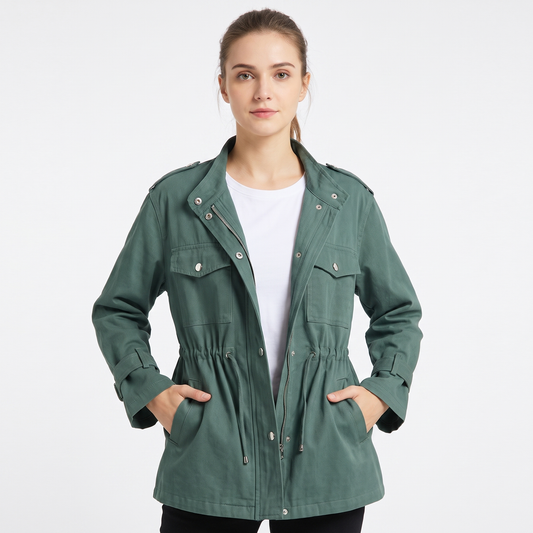 Women's Drawstring Waist Utility Jacket Zip-Up Chest Pockets Field Coat