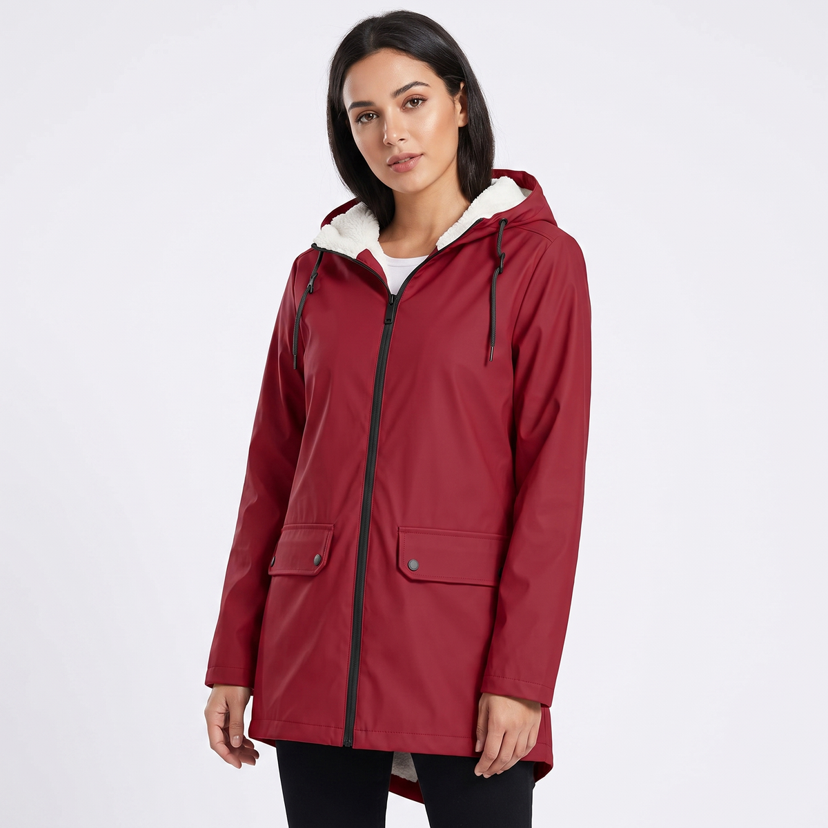 Women's Sherpa Lined Waterproof Rain Jacket Hooded Fleece Zip-Up Coat