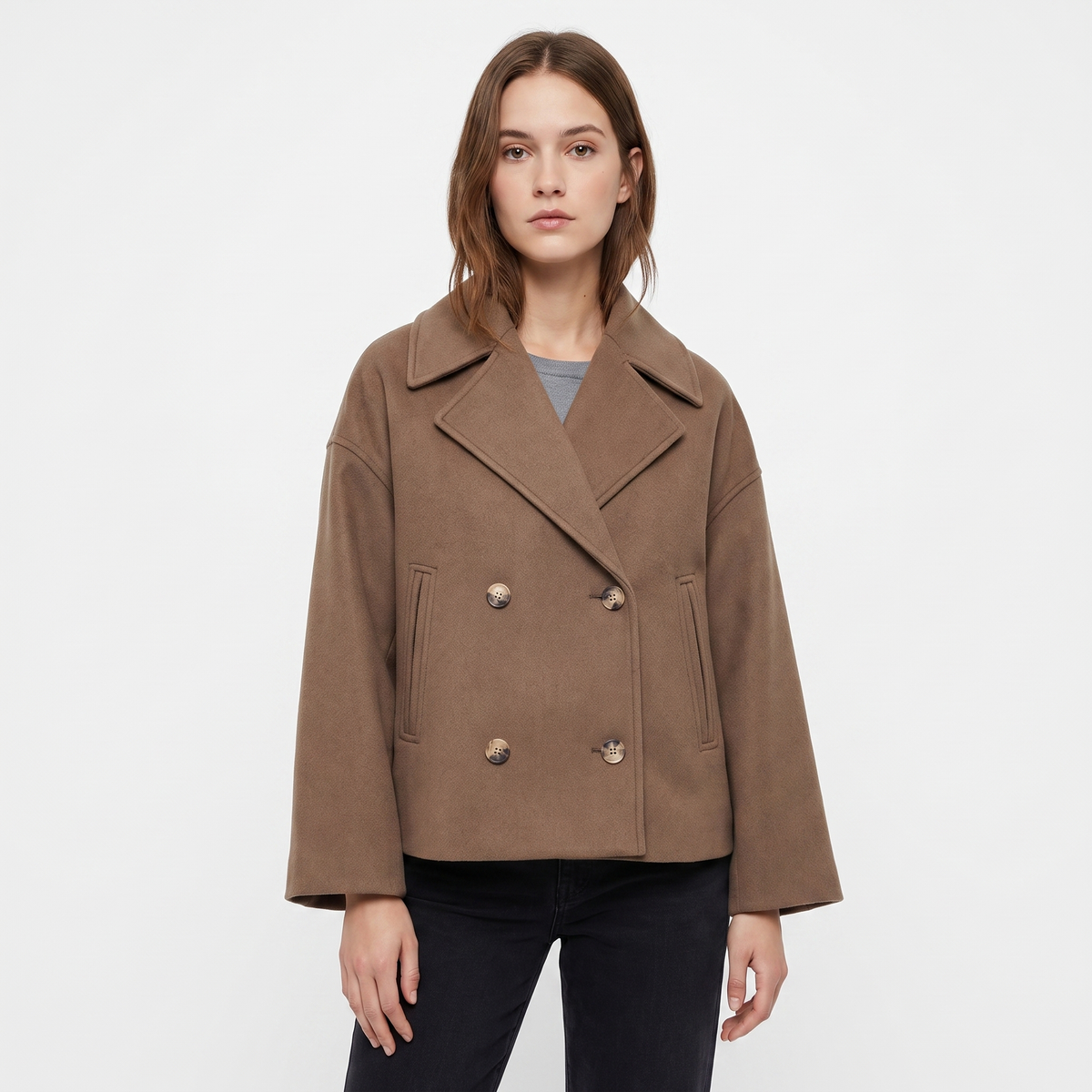 Women's Wool Blend Cropped Peacoat Oversized Double-Breasted Short Jacket