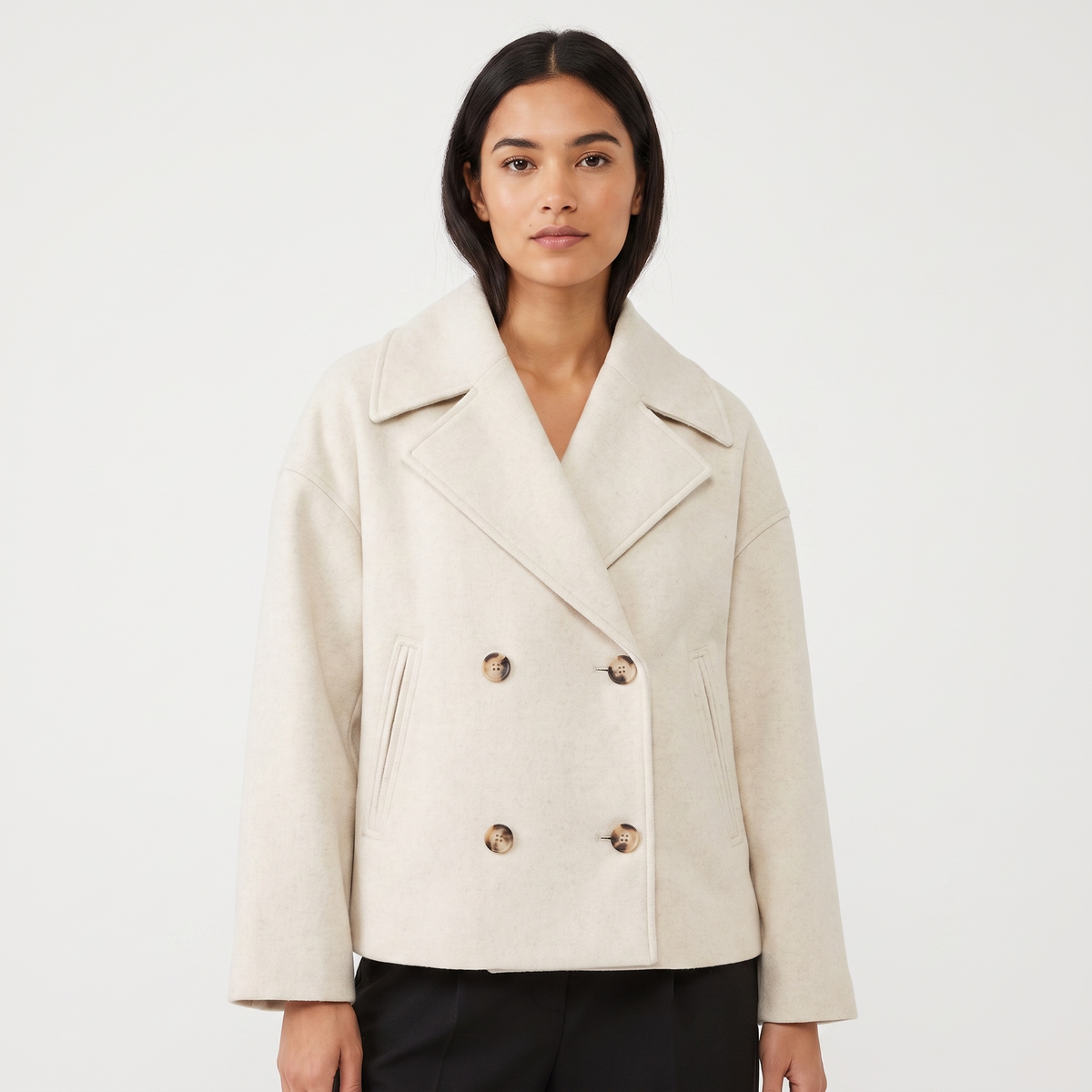 Women's Wool Blend Cropped Peacoat Oversized Double-Breasted Short Jacket