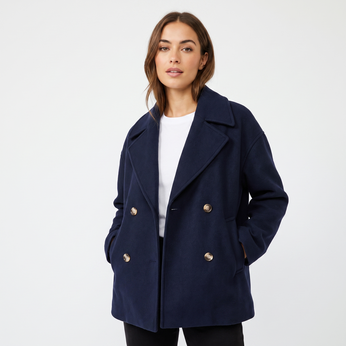 Women's Wool Blend Cropped Peacoat Oversized Double-Breasted Short Jacket