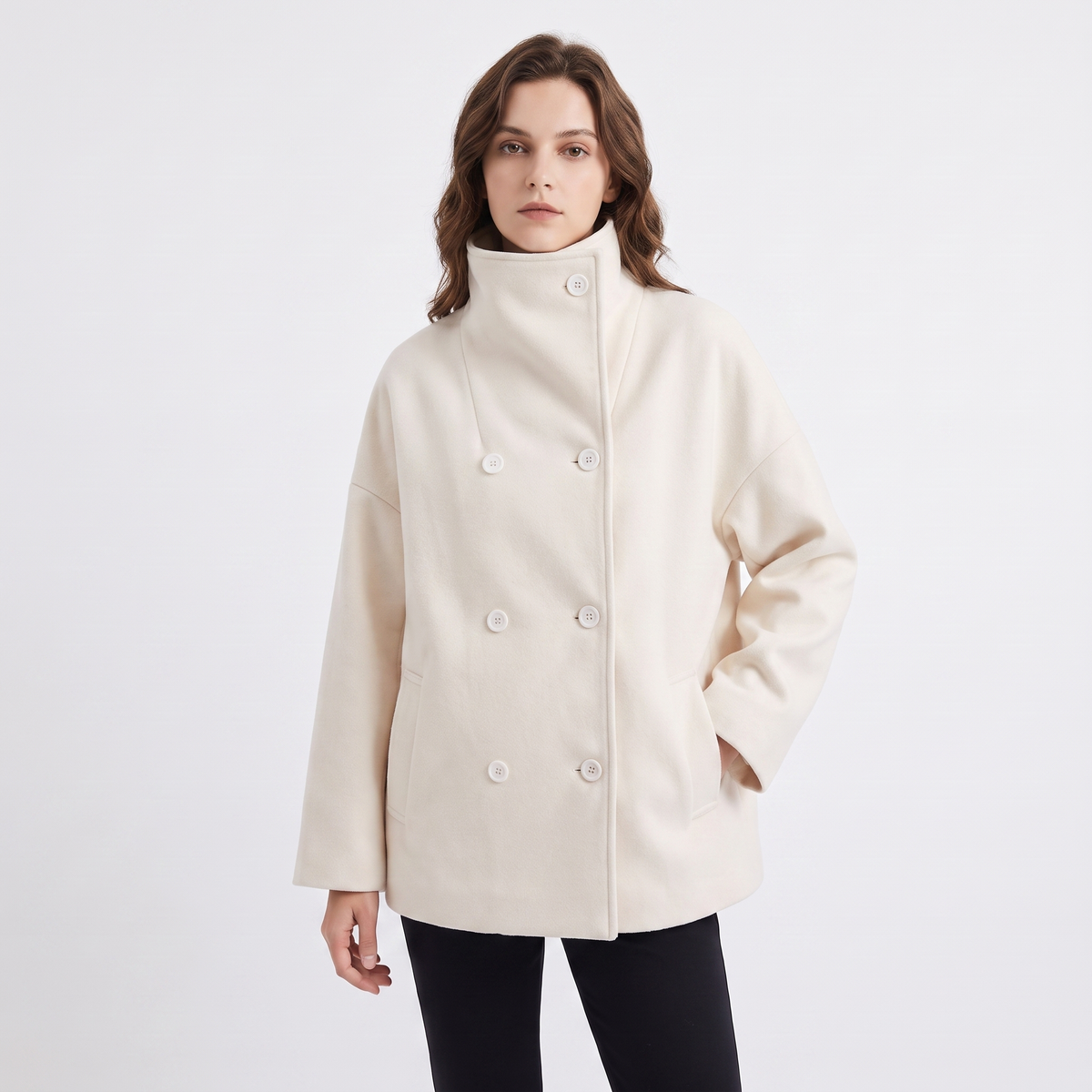 Women's Wool Blend Cropped Jacket Oversized Boxy Button Front Short Coat