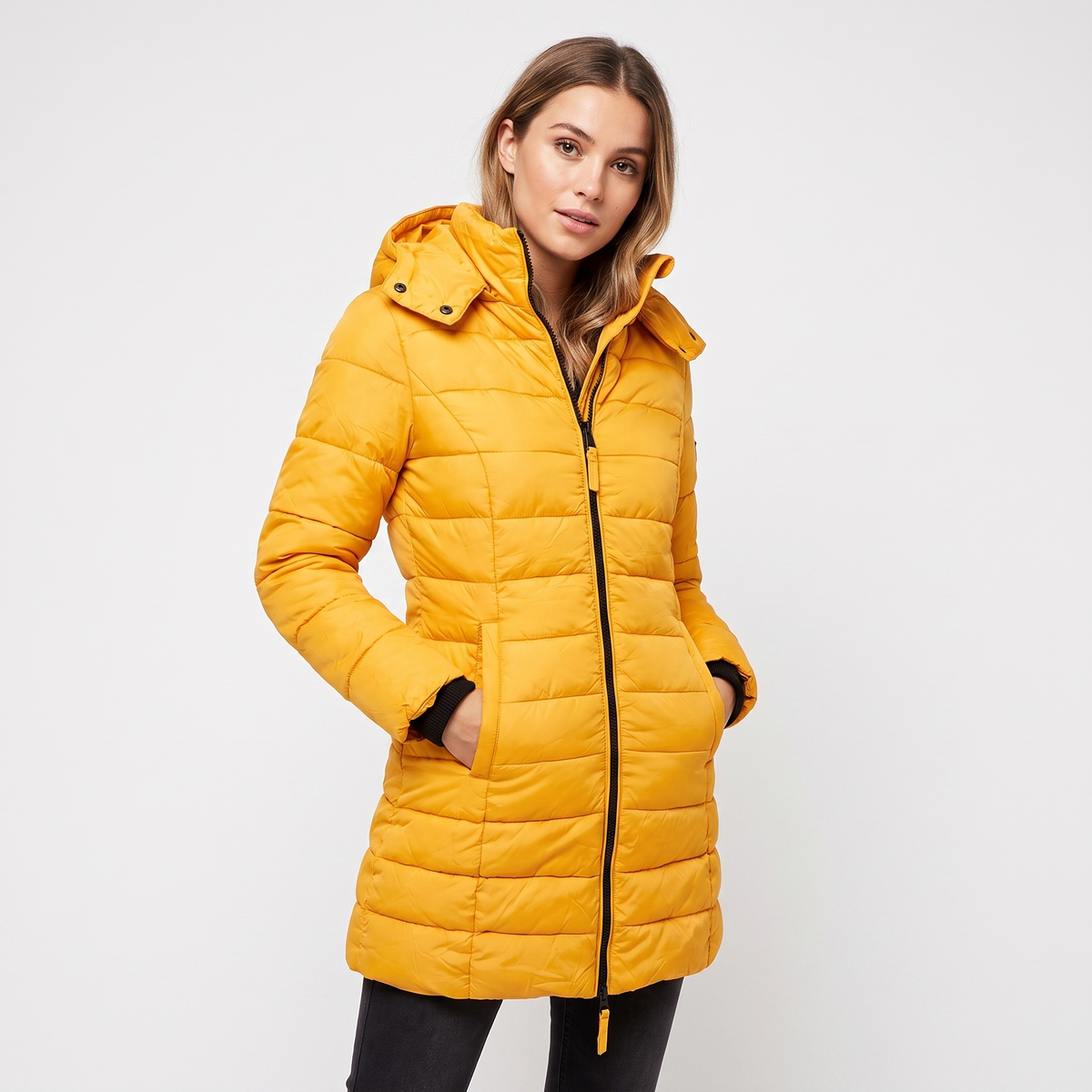 Women's Fitted Hooded Puffer Coat Quilted Zip-Up Longline Padded Jacket