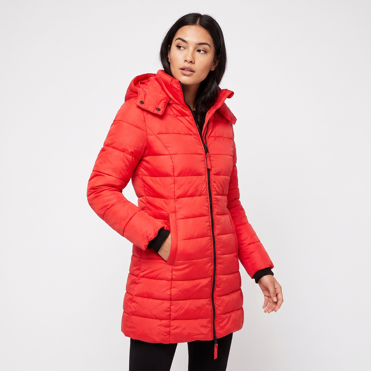 Women's Fitted Hooded Puffer Coat Quilted Zip-Up Longline Padded Jacket