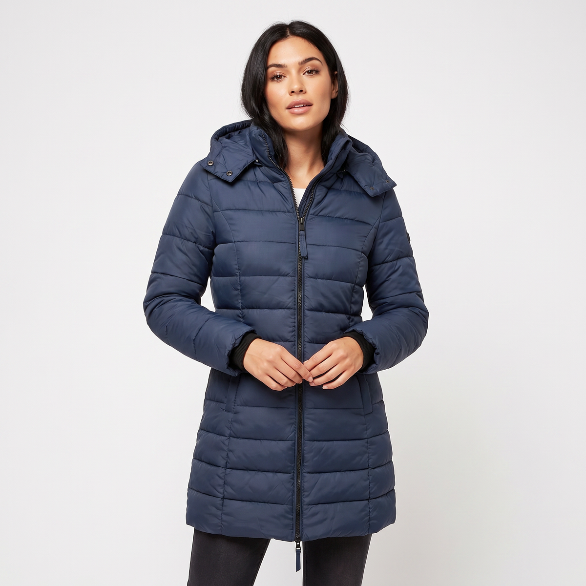 Women's Fitted Hooded Puffer Coat Quilted Zip-Up Longline Padded Jacket