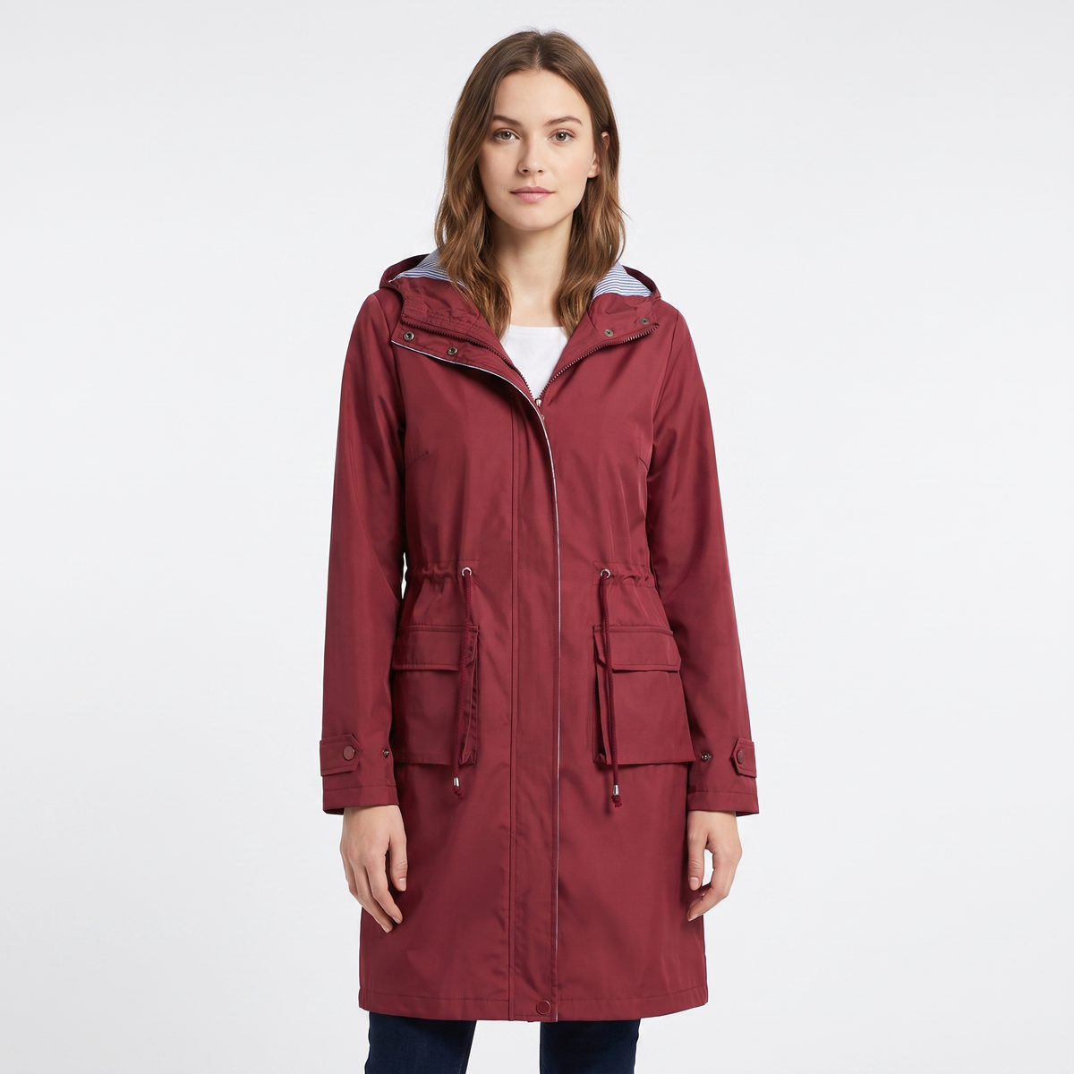 Women's Waterproof Longline Rain Coat Hooded Drawstring Waist Stripe Jacket