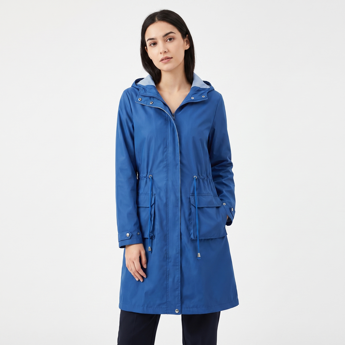 Women's Waterproof Longline Rain Coat Hooded Drawstring Waist Stripe Jacket