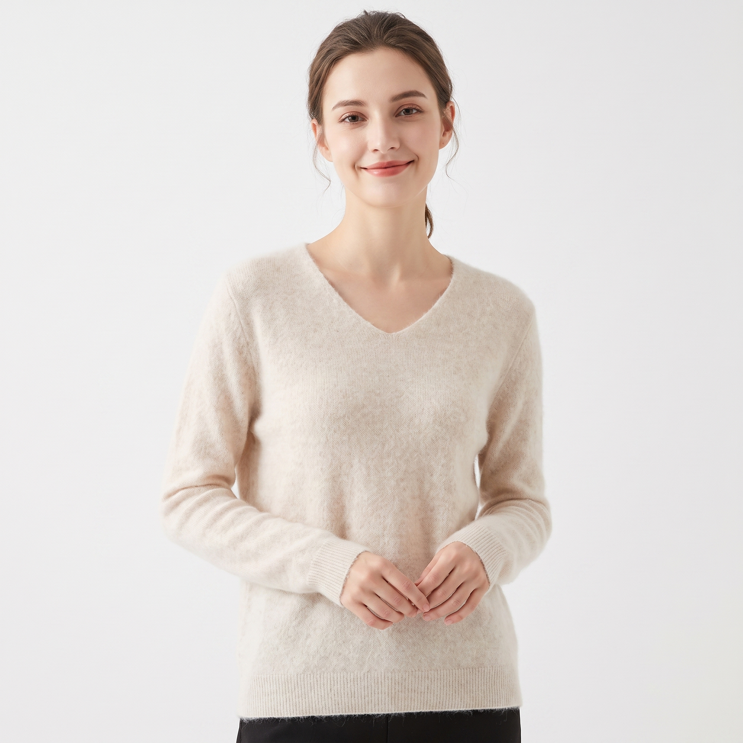 Women's Soft Fluffy Knit V-Neck Sweater Relaxed Fit Long Sleeve Casual Pullover Top