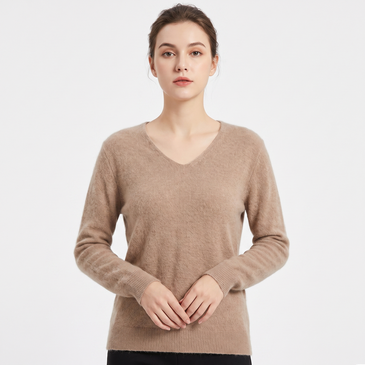 Women's Soft Fluffy Knit V-Neck Sweater Relaxed Fit Long Sleeve Casual Pullover Top