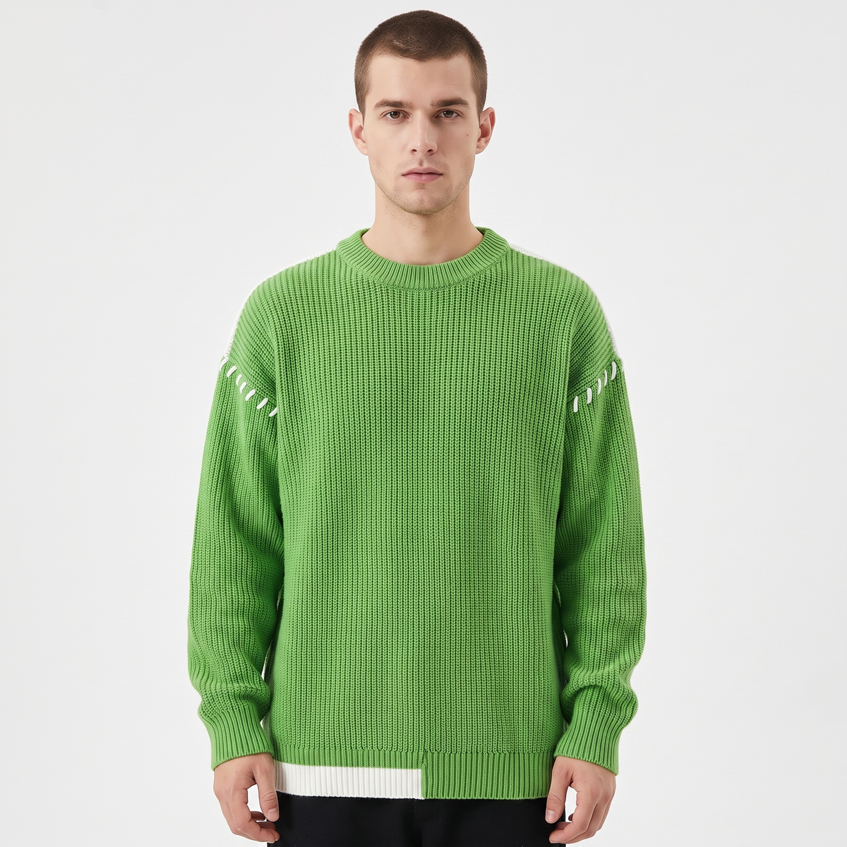 Men's Oversized Chunky Knit Sweater Crew-Neck Contrast Stripe Detail