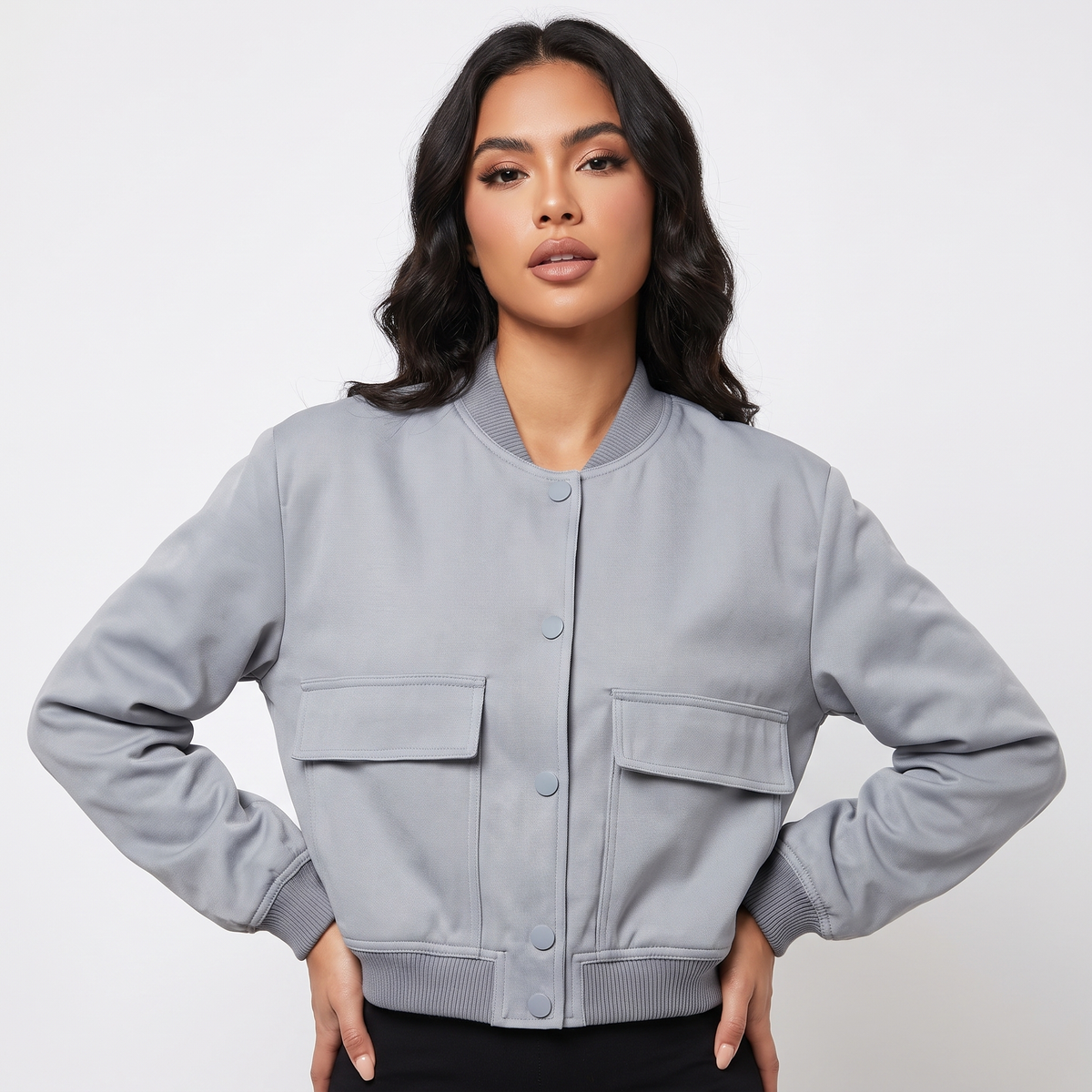 Women's Cropped Bomber Jacket Button Front Cargo Pocket Ribbed Trim Casual Coat