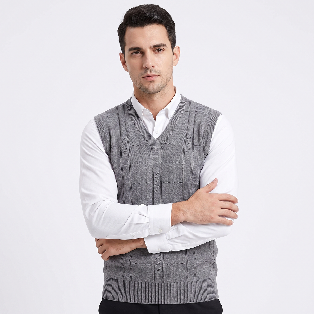 Men's V-Neck Knit Sweater Vest Sleeveless Argyle Texture Slim-Fit Top