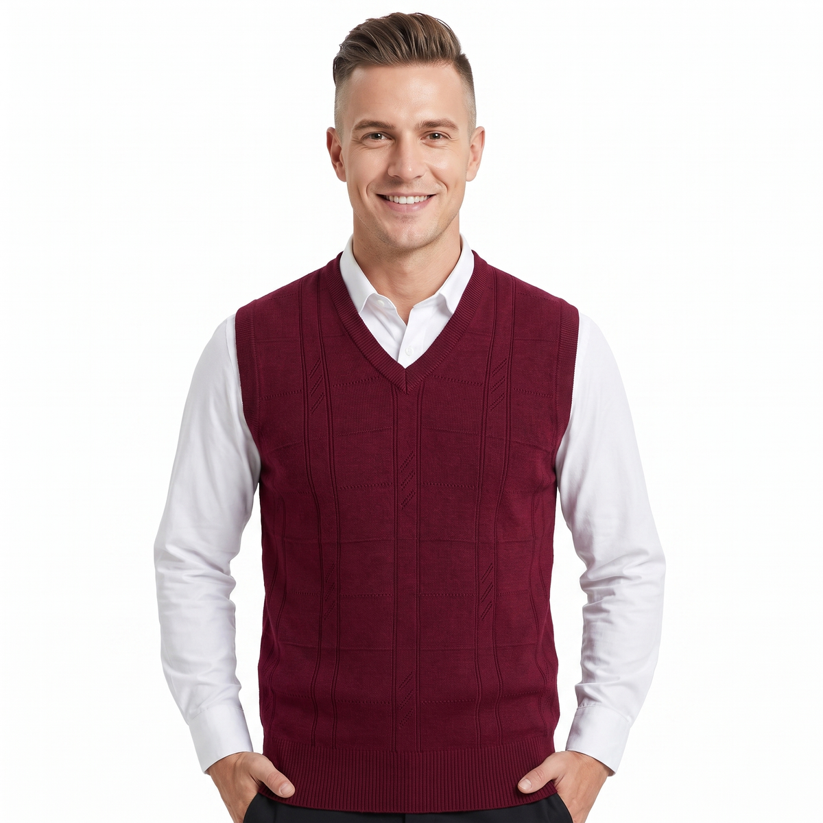 Men's V-Neck Knit Sweater Vest Sleeveless Argyle Texture Slim-Fit Top