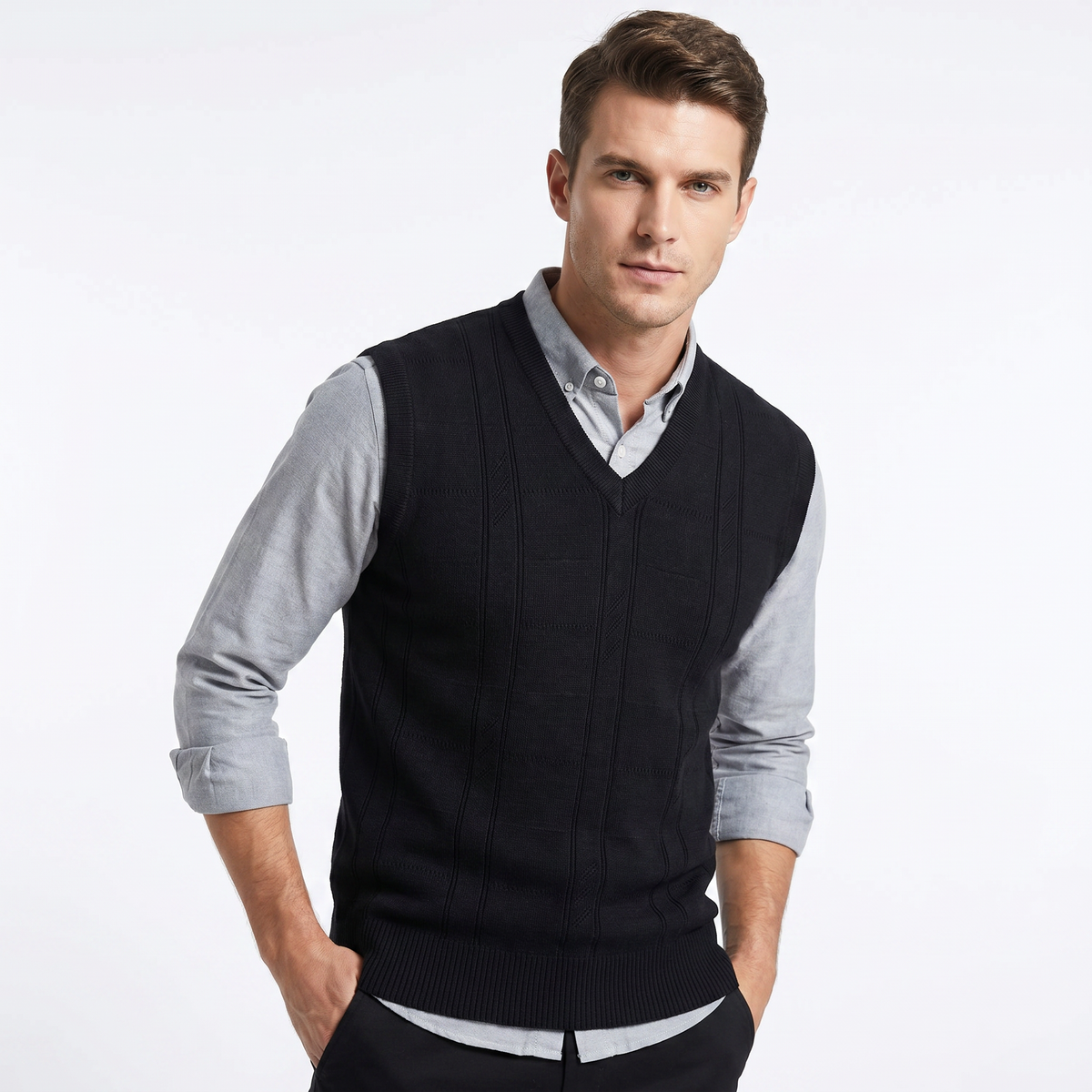Men's V-Neck Knit Sweater Vest Sleeveless Argyle Texture Slim-Fit Top