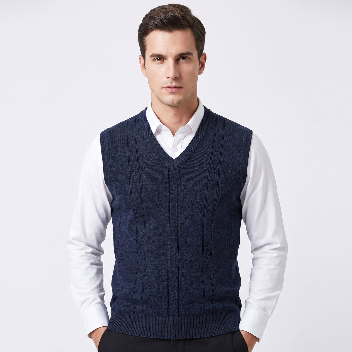 Men's V-Neck Knit Sweater Vest Sleeveless Argyle Texture Slim-Fit Top
