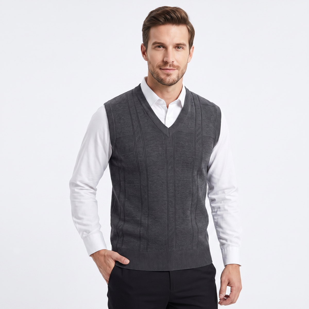 Men's V-Neck Knit Sweater Vest Sleeveless Argyle Texture Slim-Fit Top