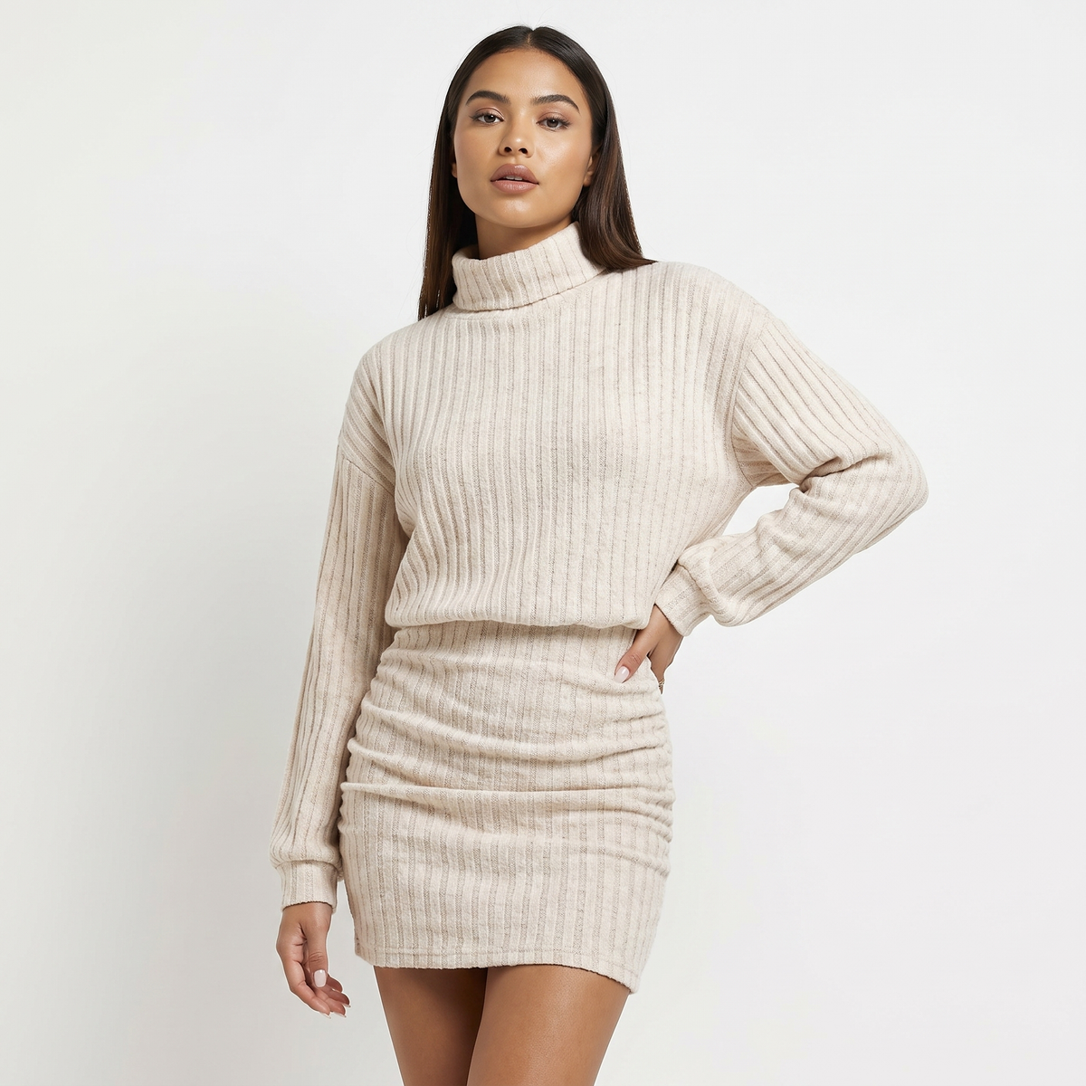 Women's Ribbed Knit Turtleneck Sweater Mini Dress Long Sleeve Bodycon Sweater Dress