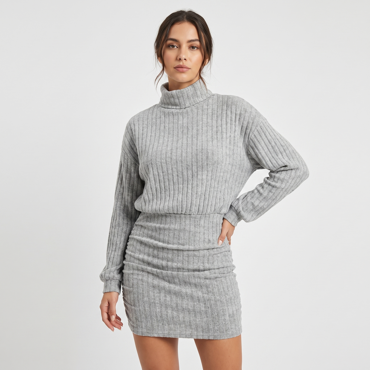 Women's Ribbed Knit Turtleneck Sweater Mini Dress Long Sleeve Bodycon Sweater Dress