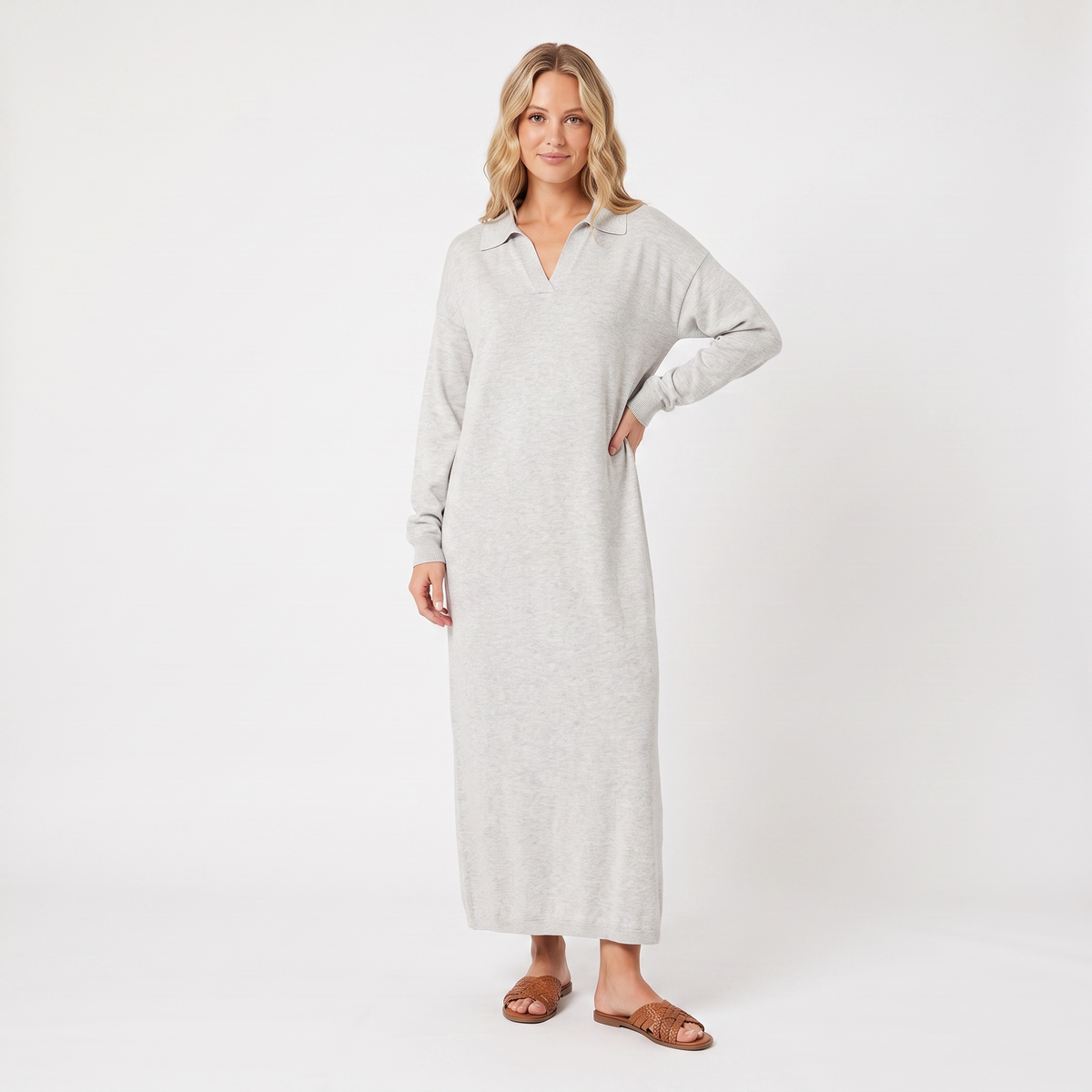 Women's Knit Polo Collar Maxi Dress Long Sleeve Relaxed Fit Sweater Dress